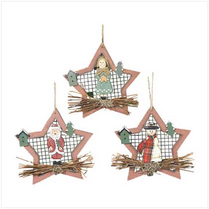 3 PC WOOD XMAS STARS ORNAMENTS